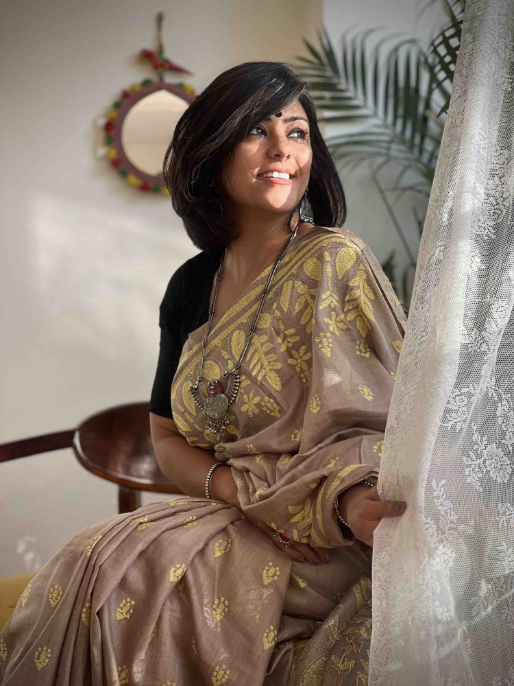 Image of BROWN &amp; LEMON  KANTHA HAND EMBROIDERED MUGA SILK SARI