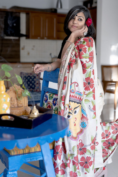 BEIGE KANTHA HAND EMBROIDERED TUSSAR  SILK SARI