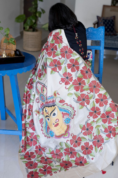 BEIGE KANTHA HAND EMBROIDERED TUSSAR  SILK SARI