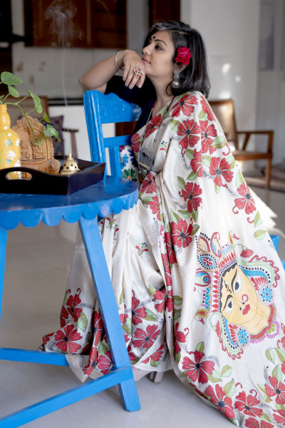 BEIGE KANTHA HAND EMBROIDERED TUSSAR  SILK SARI