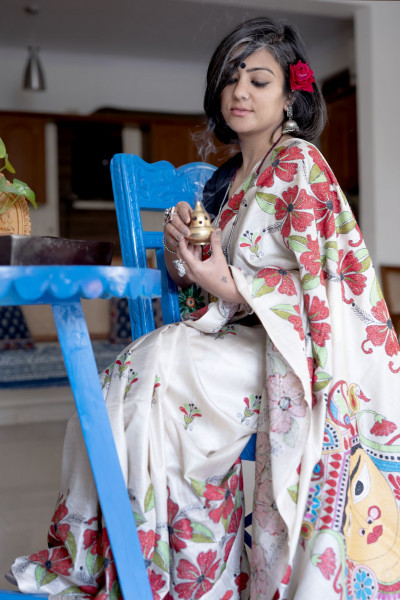 BEIGE KANTHA HAND EMBROIDERED TUSSAR  SILK SARI