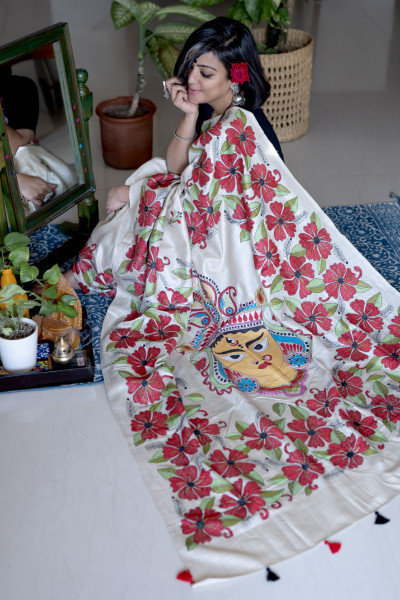 BEIGE KANTHA HAND EMBROIDERED TUSSAR  SILK SARI