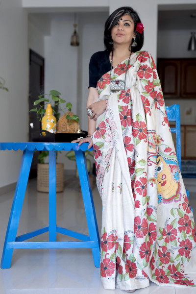 BEIGE KANTHA HAND EMBROIDERED TUSSAR  SILK SARI