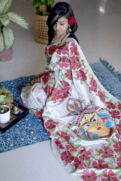 BEIGE KANTHA HAND EMBROIDERED TUSSAR  SILK SARI