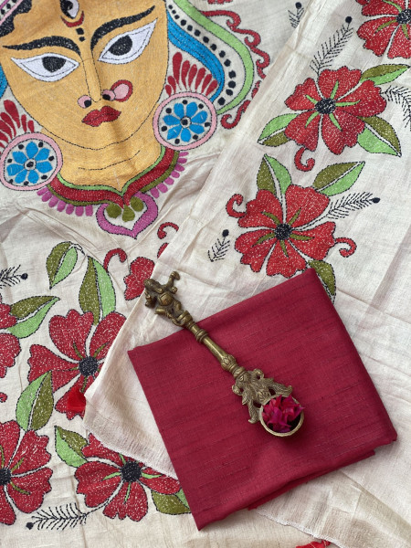 BEIGE KANTHA HAND EMBROIDERED TUSSAR  SILK SARI