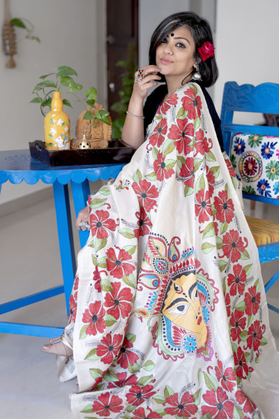 BEIGE KANTHA HAND EMBROIDERED TUSSAR  SILK SARI