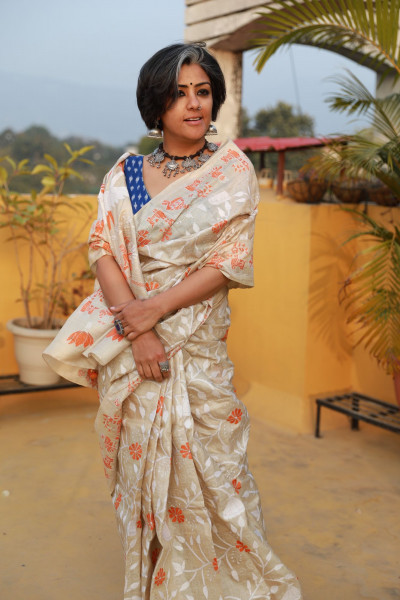 BEIGE KANTHA HAND EMBROIDERED TUSSAR SILK SARI