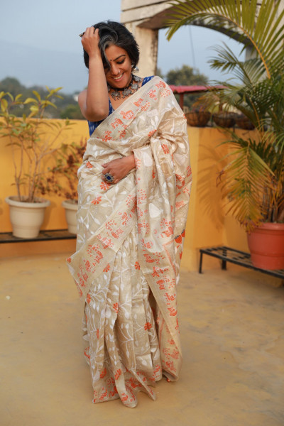 BEIGE KANTHA HAND EMBROIDERED TUSSAR SILK SARI