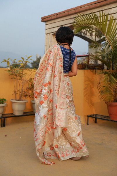 BEIGE KANTHA HAND EMBROIDERED TUSSAR SILK SARI