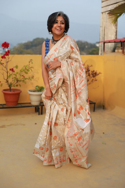 BEIGE KANTHA HAND EMBROIDERED TUSSAR SILK SARI