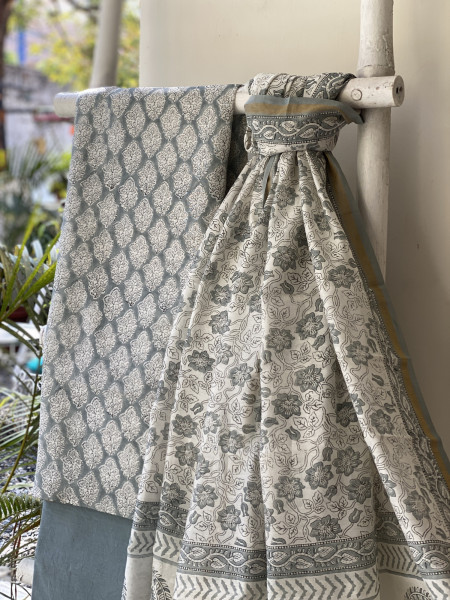 GREY HAND BLOCK PRINT CHANDERI SILK & COTTON DUPATTA SET