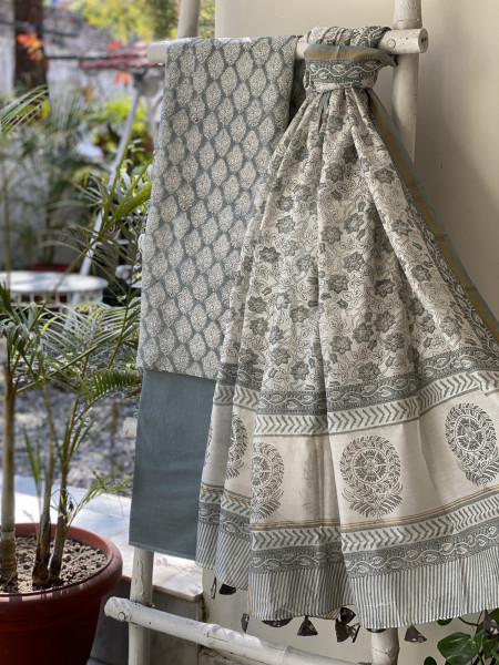 GREY HAND BLOCK PRINT CHANDERI SILK & COTTON DUPATTA SET