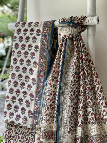 IVORY BLOCK PRINT CHANDERI SILK & COTTON DUPATTA SET