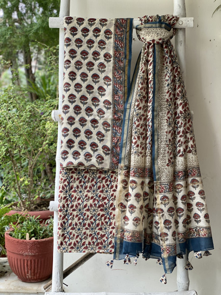IVORY BLOCK PRINT CHANDERI SILK & COTTON DUPATTA SET