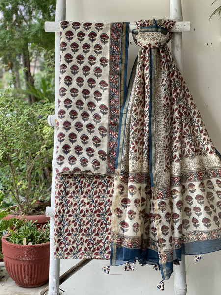 IVORY BLOCK PRINT CHANDERI SILK & COTTON DUPATTA SET