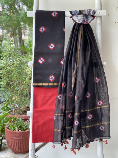 BLACK-RED BLOCK PRINT CHANDERI SILK & COTTON DUPATTA SET