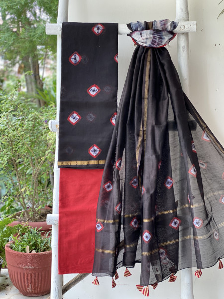BLACK-RED BLOCK PRINT CHANDERI SILK & COTTON DUPATTA SET