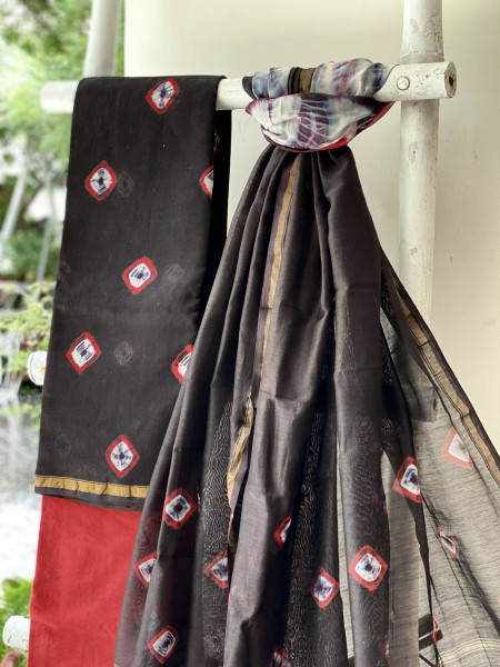 BLACK-RED BLOCK PRINT CHANDERI SILK & COTTON DUPATTA SET