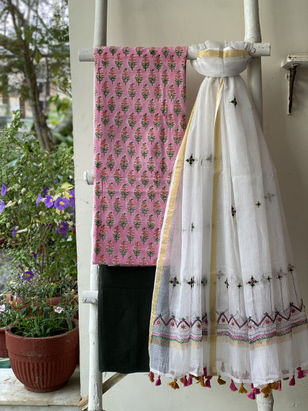 PINK & OFF WHITE PHULWARI HAND EMBROIDERED KOTA DUPATTA SET