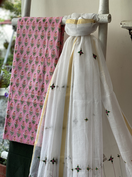 PINK & OFF WHITE PHULWARI HAND EMBROIDERED KOTA DUPATTA SET