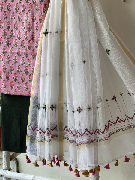 PINK & OFF WHITE PHULWARI HAND EMBROIDERED KOTA DUPATTA SET