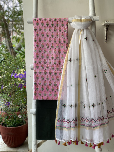 PINK & OFF WHITE PHULWARI HAND EMBROIDERED KOTA DUPATTA SET