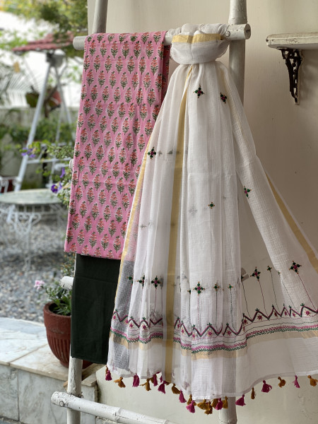 PINK & OFF WHITE PHULWARI HAND EMBROIDERED KOTA DUPATTA SET