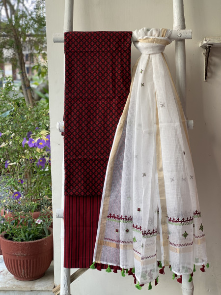 MAROON-BLACK & OFF WHITE PHULWARI HAND EMBROIDERED KOTA DUPATTA SET