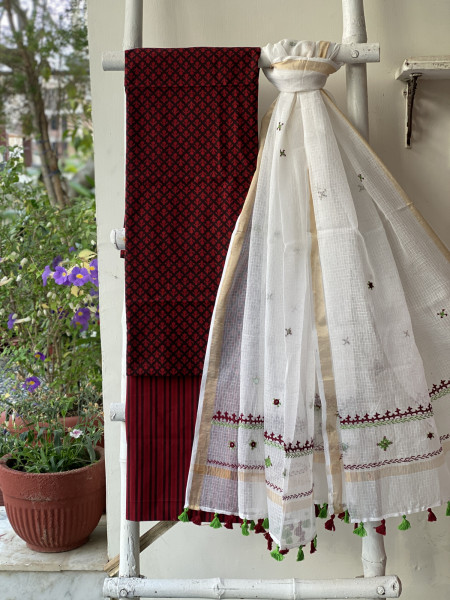 MAROON-BLACK & OFF WHITE PHULWARI HAND EMBROIDERED KOTA DUPATTA SET