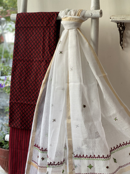 MAROON-BLACK & OFF WHITE PHULWARI HAND EMBROIDERED KOTA DUPATTA SET