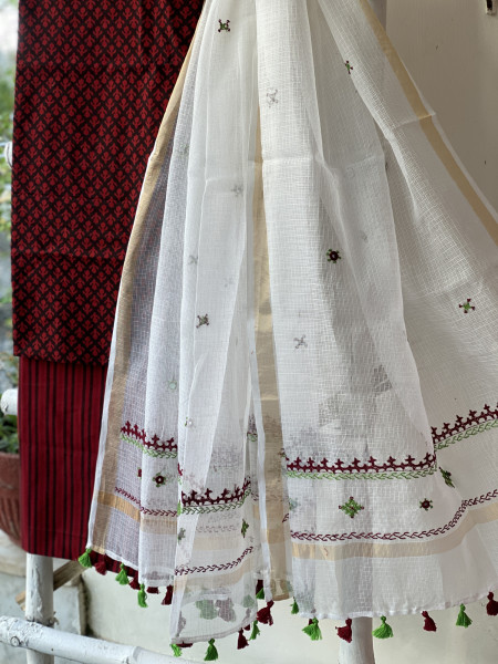 MAROON-BLACK & OFF WHITE PHULWARI HAND EMBROIDERED KOTA DUPATTA SET
