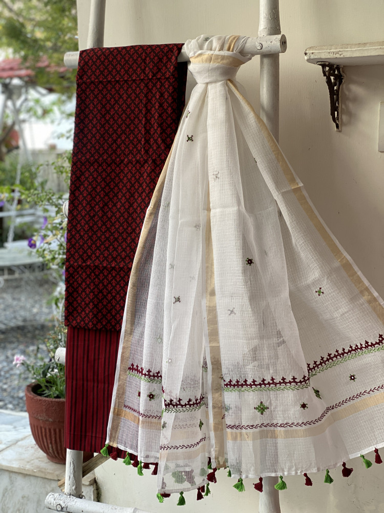 Image of MAROON-BLACK &amp; OFF WHITE PHULWARI HAND EMBROIDERED KOTA DUPATTA SET
