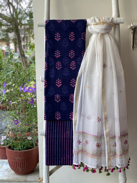 PURPLE-PINK & OFF WHITE PHULWARI HAND EMBROIDERED KOTA DUPATTA SET
