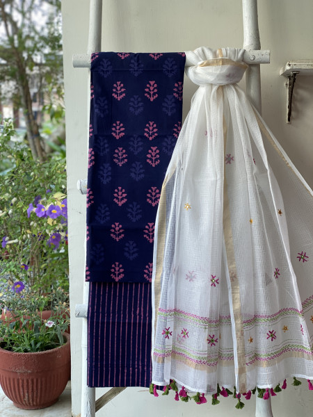 PURPLE-PINK & OFF WHITE PHULWARI HAND EMBROIDERED KOTA DUPATTA SET