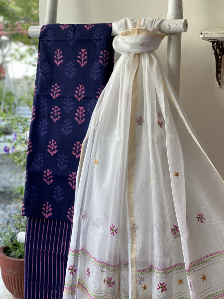 PURPLE-PINK & OFF WHITE PHULWARI HAND EMBROIDERED KOTA DUPATTA SET