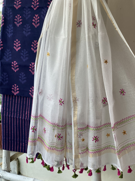 PURPLE-PINK & OFF WHITE PHULWARI HAND EMBROIDERED KOTA DUPATTA SET