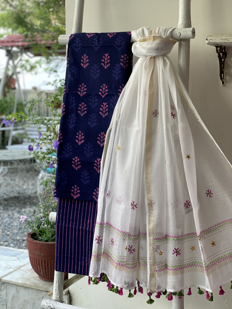 Image of PURPLE-PINK &amp; OFF WHITE PHULWARI HAND EMBROIDERED KOTA DUPATTA SET