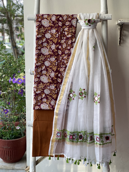 CHERRY & OFF WHITE PHULWARI HAND EMBROIDERED KOTA DUPATTA SET