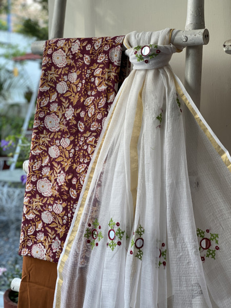 CHERRY & OFF WHITE PHULWARI HAND EMBROIDERED KOTA DUPATTA SET