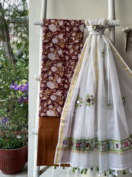 CHERRY & OFF WHITE PHULWARI HAND EMBROIDERED KOTA DUPATTA SET