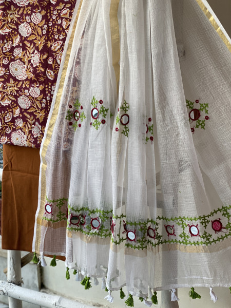 CHERRY & OFF WHITE PHULWARI HAND EMBROIDERED KOTA DUPATTA SET