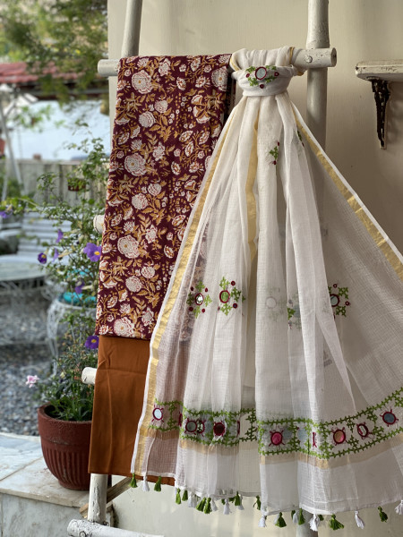 CHERRY & OFF WHITE PHULWARI HAND EMBROIDERED KOTA DUPATTA SET
