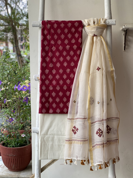 ROSE & CREAM PHULWARI HAND EMBROIDERED KOTA DUPATTA SET