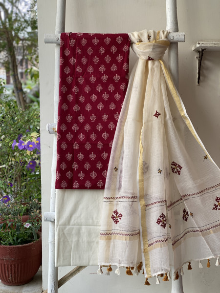 ROSE & CREAM PHULWARI HAND EMBROIDERED KOTA DUPATTA SET