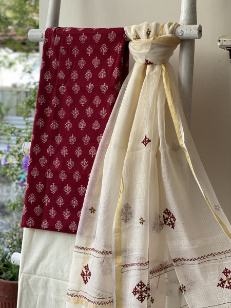 ROSE & CREAM PHULWARI HAND EMBROIDERED KOTA DUPATTA SET