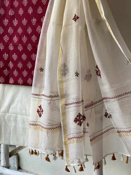 ROSE & CREAM PHULWARI HAND EMBROIDERED KOTA DUPATTA SET