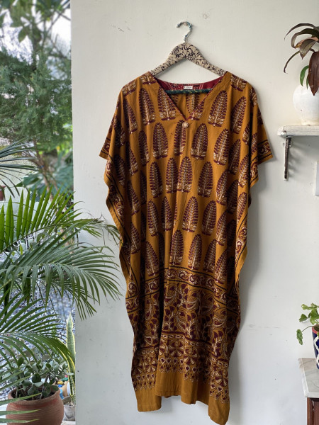 MUSTARD AJRAKH BLOCK PRINT COTTON KAFTAN