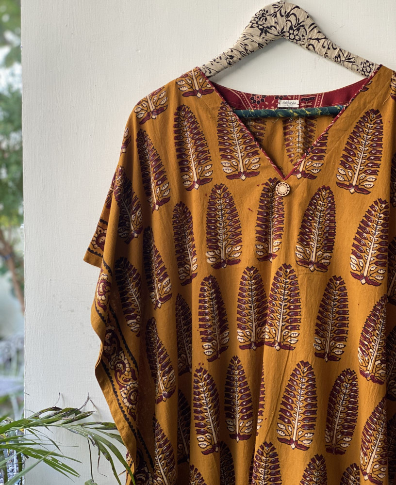 Image of MUSTARD AJRAKH BLOCK PRINT COTTON KAFTAN