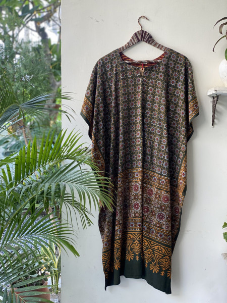 BOTTLE GREEN AJRAKH BLOCK PRINT COTTON KAFTAN