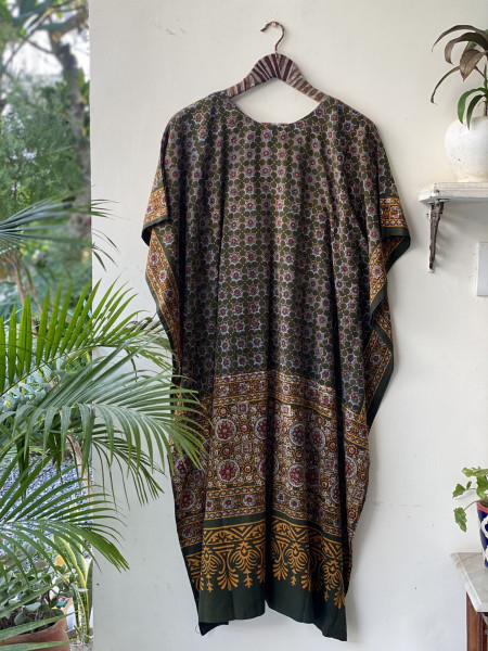 BOTTLE GREEN AJRAKH BLOCK PRINT COTTON KAFTAN